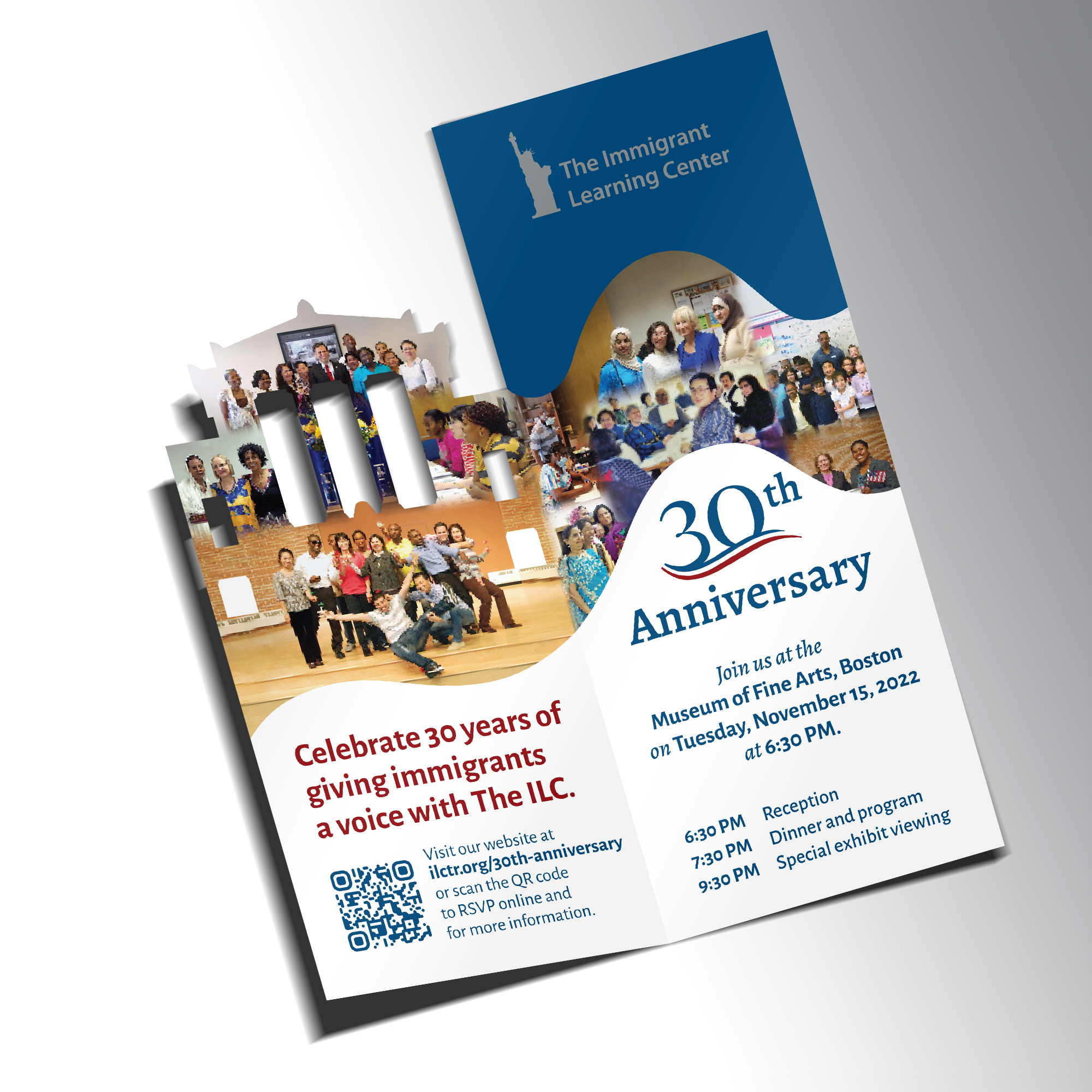 Print invitation for The Immigrant Learning Center's 30th Anniversary Gala.