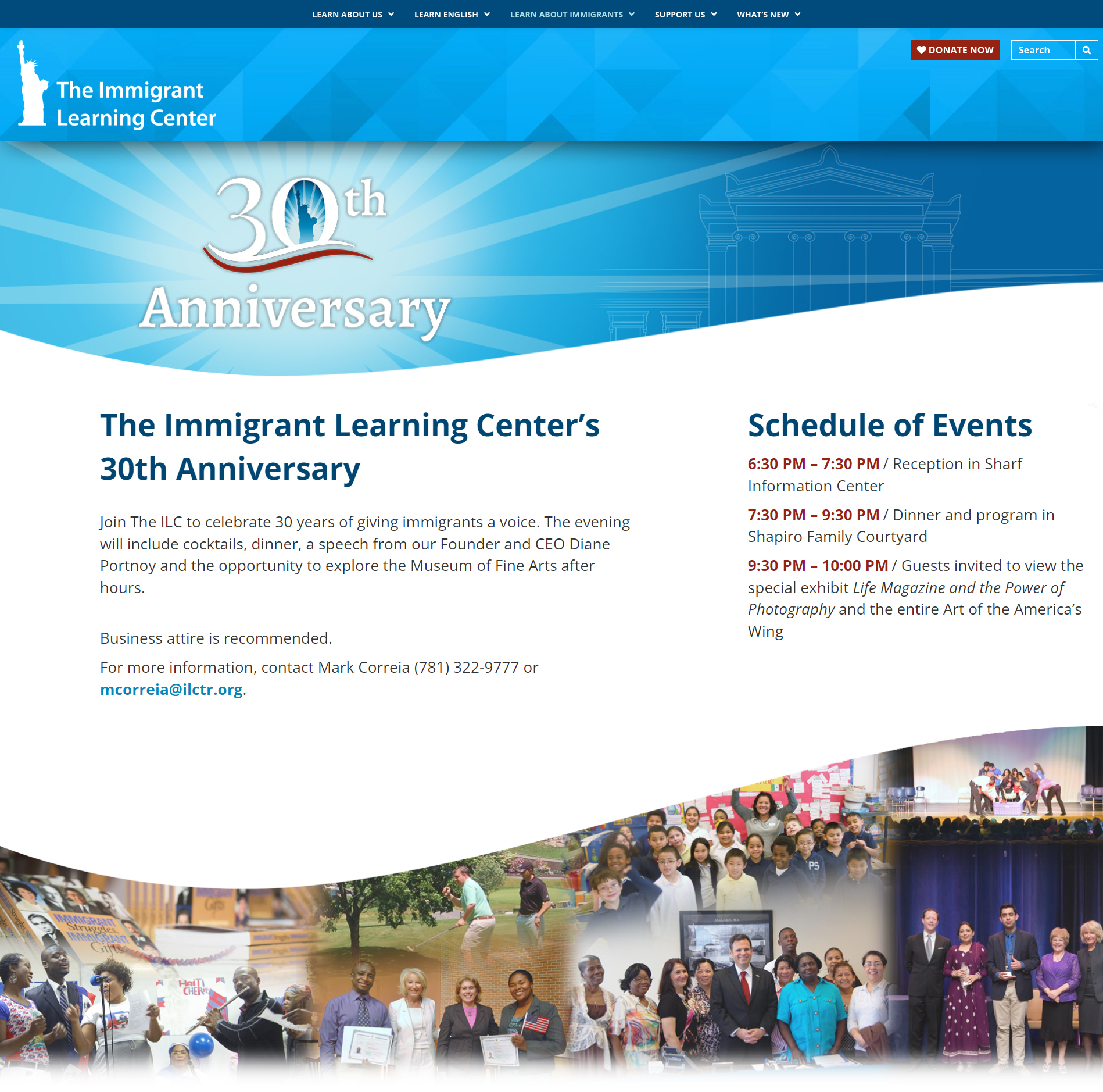 Webpage for The Immigrant Learning Center's 30th Anniversary Gala.