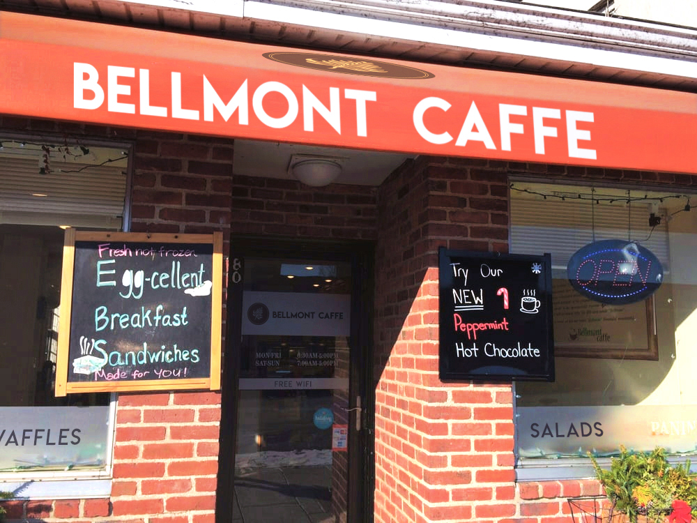 Storefront mockup with logo for Bellmont Caffe, a local coffee shop.