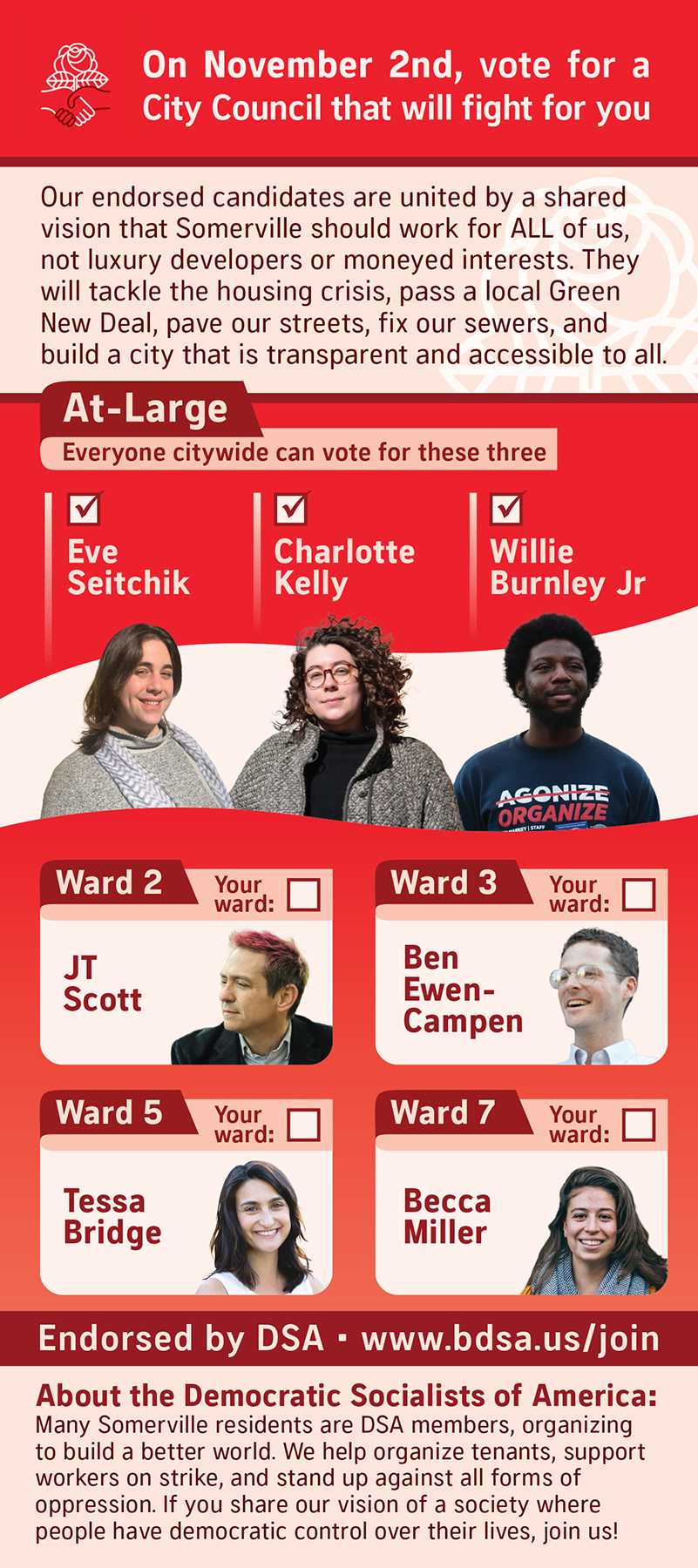Front of the palm card for Boston DSA that targets multiple wards.