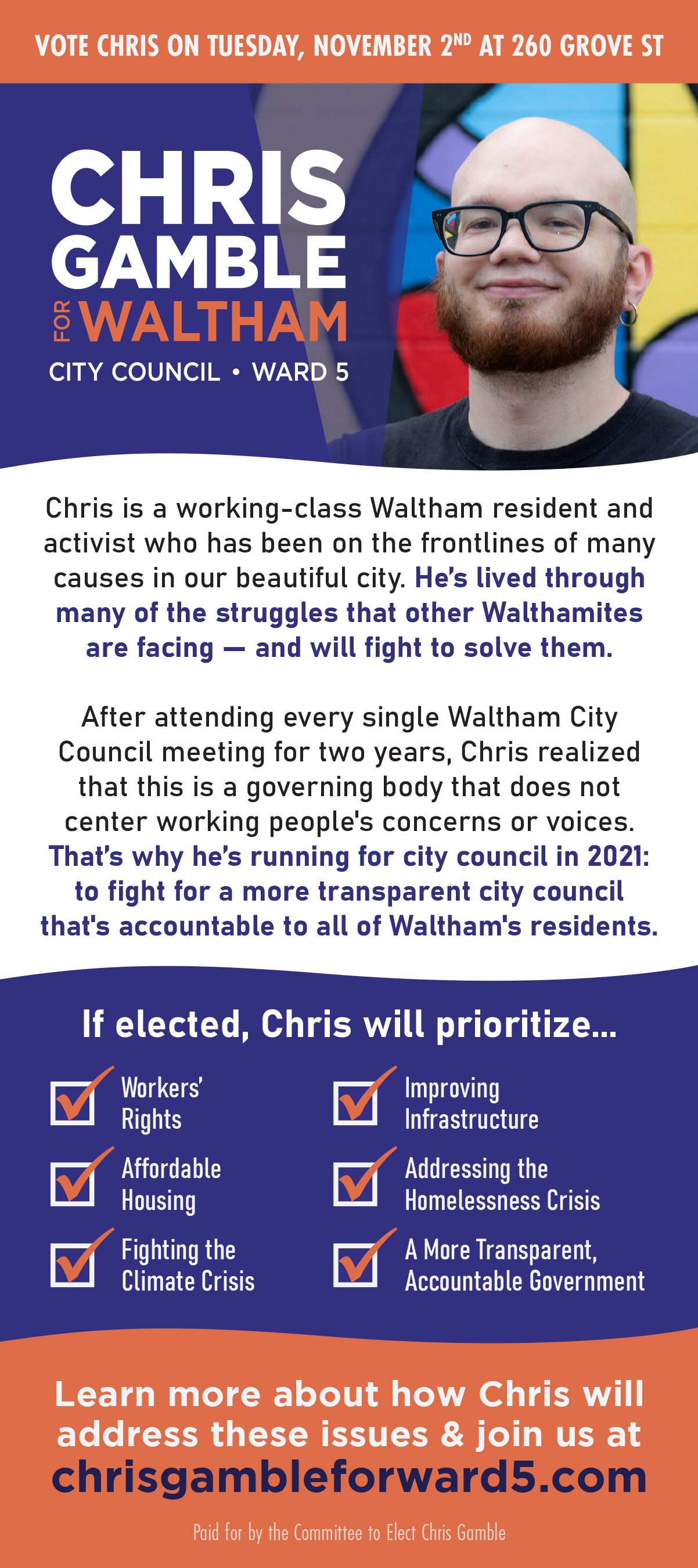 Palm card about Chris and why he''s running for City Council.