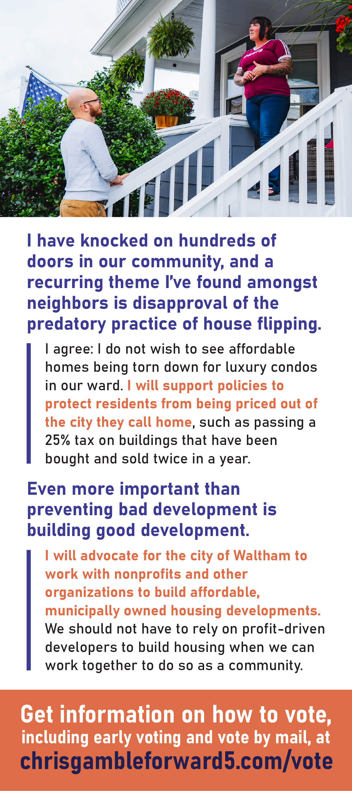 Palm card about Chris's position on housing.