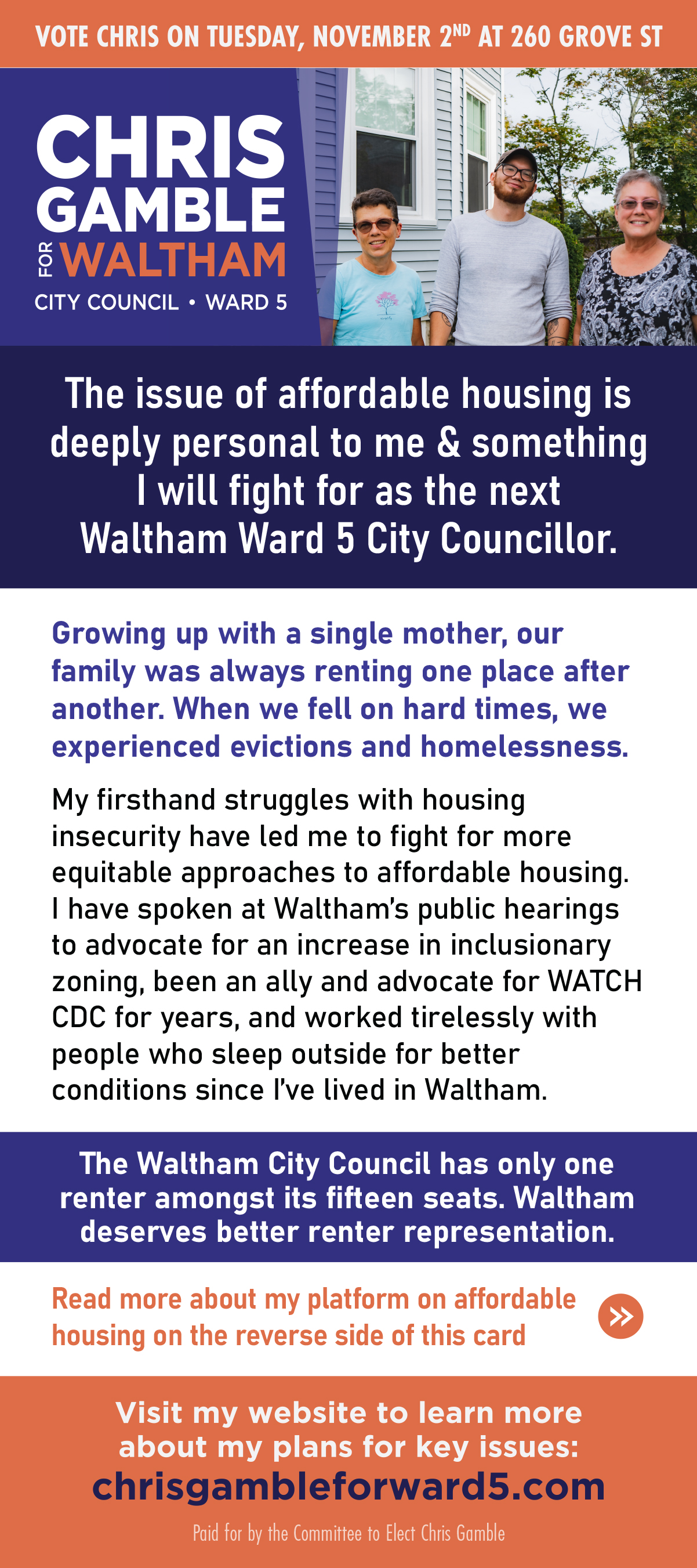 Palm card about Chris's position on housing.