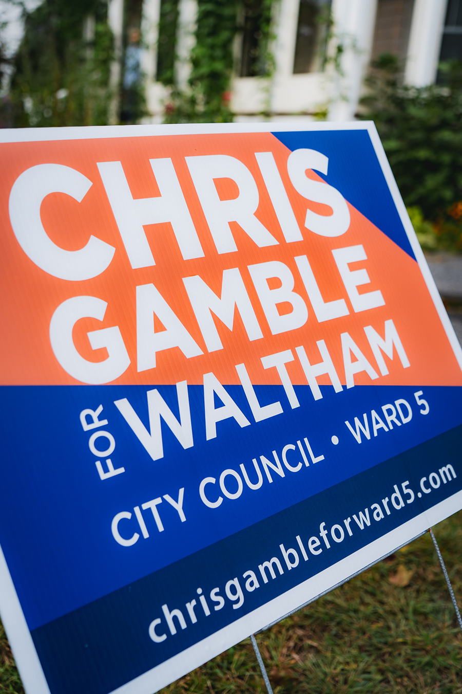 Lawn sign for Chris Gamble for Waltham Ward 5 City Council. Part of a campaign package for the Committee to Elect Chris Gamble.