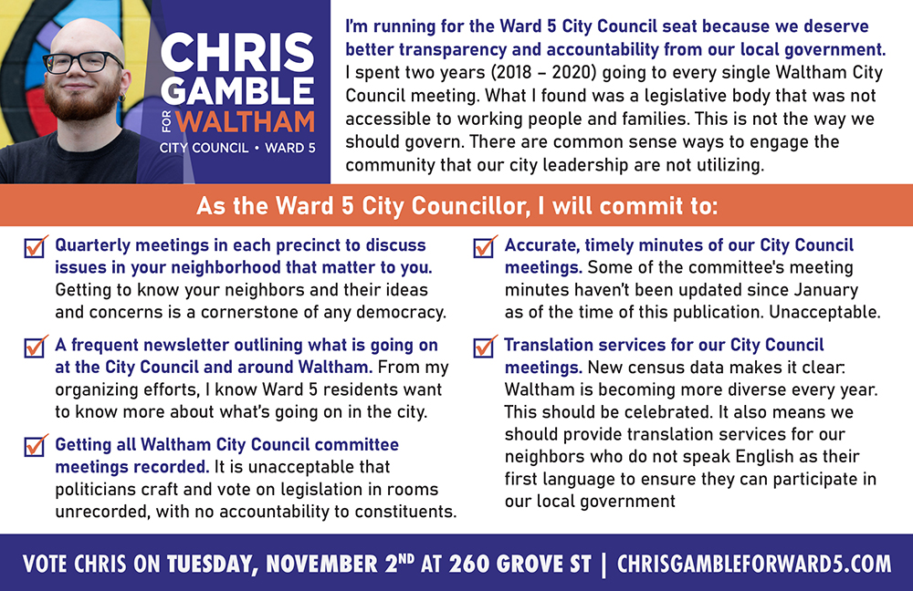 Mailer about Chris and his campaign platform.