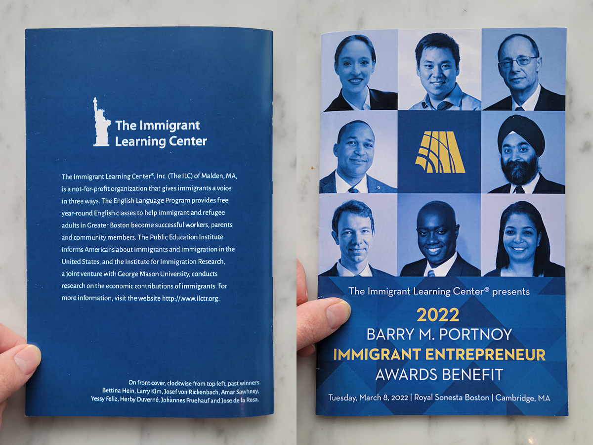 Program book for the 2022 Barry M. Portnoy Immigrant Entrepreneur Awards hosted by The Immigrant Learning Center.