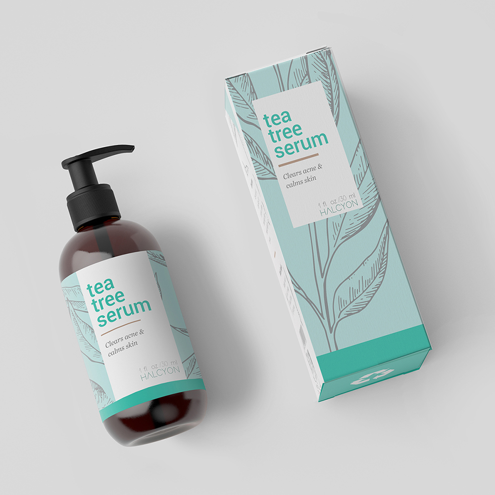 Box and bottle mockup for Halcyon Skincare.