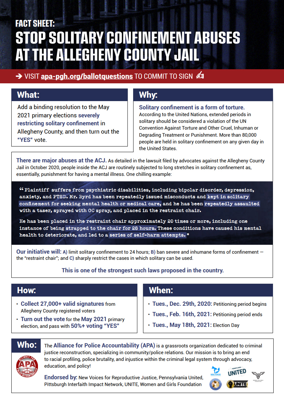 Fact sheet for the campaign to stop solitary confinement.