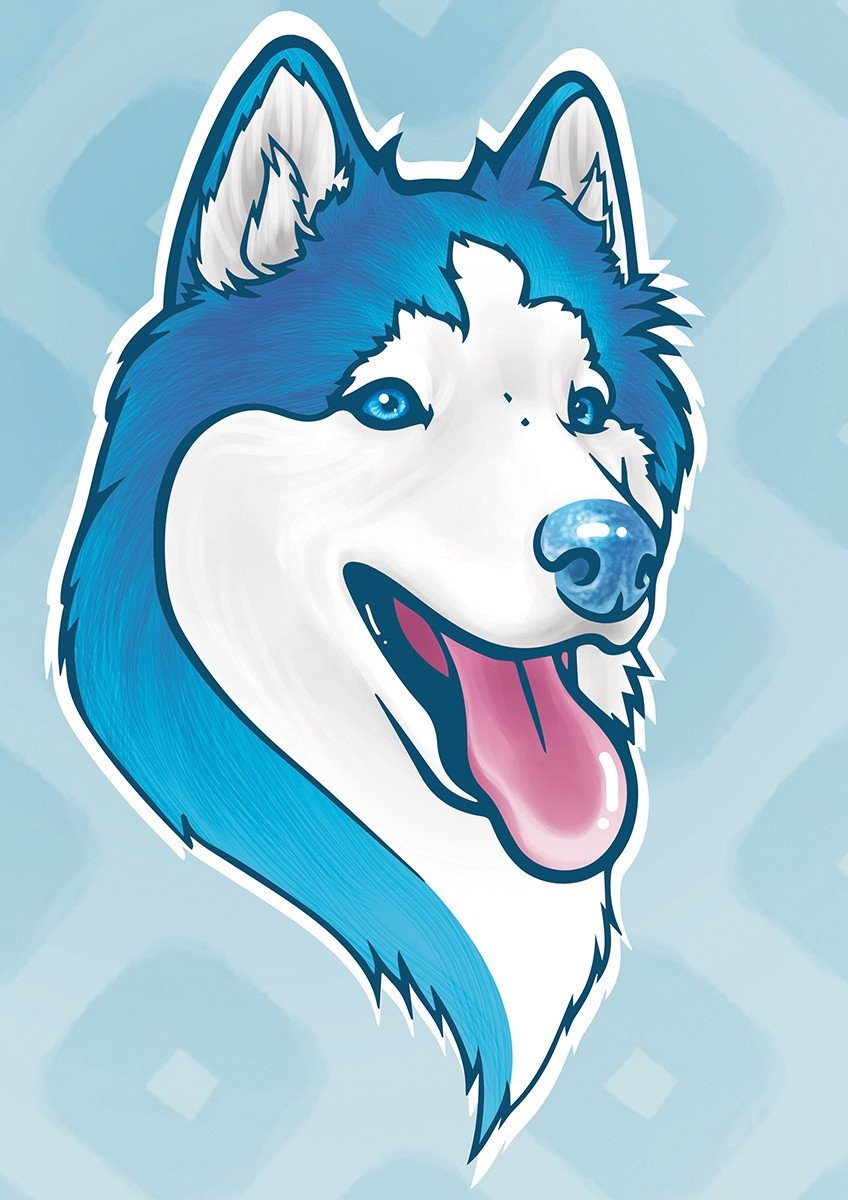 Digital portrait in a pop art style of a husky smiling at the viwer.