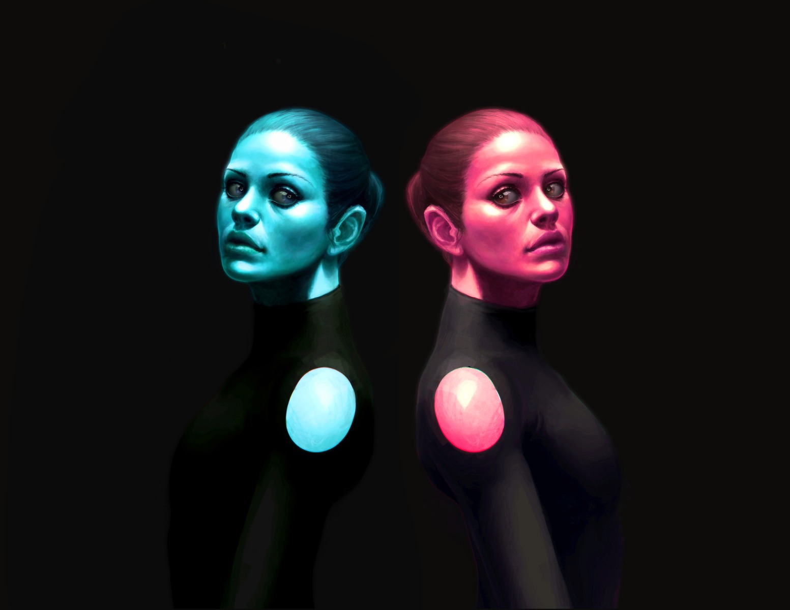 Digital painting of Lily from Black Swan. There are two mirror images of her: one is tinted blue and facing left; the other is tinted pink and facing right.