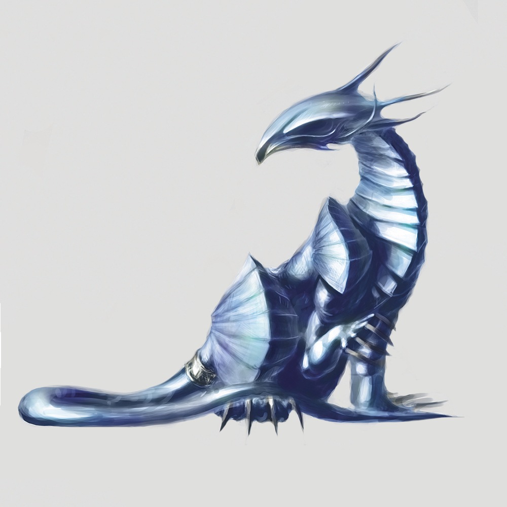 A digital painting of an eyeless metallic dragon covered in shiny steel armor.