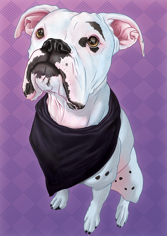 Digital portrait in a pop art style of a mostly white bully breed dog. She has small dark grey markings and a bandana around her neck, and is looking soulfully up at the viewer.
