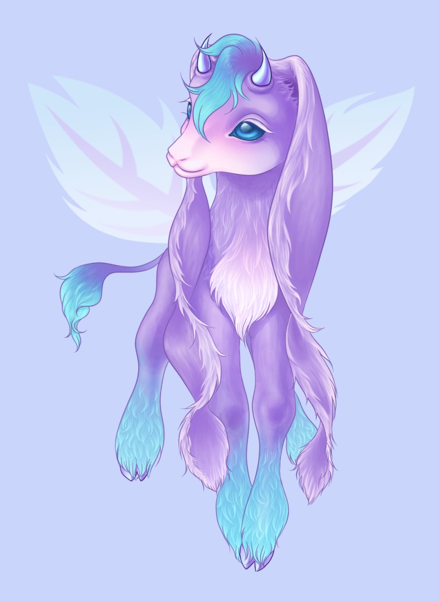 Digital painting of a faerie Damascus goat kid with flowing ears, glowing blue tufts of hair, and delicate wings.
