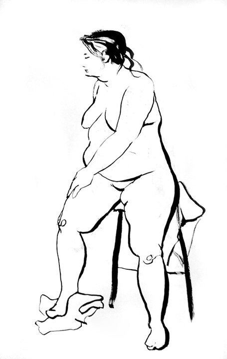 Black and white ink gesture drawing of a plump woman turning away from the viewer while sitting on a stool.
