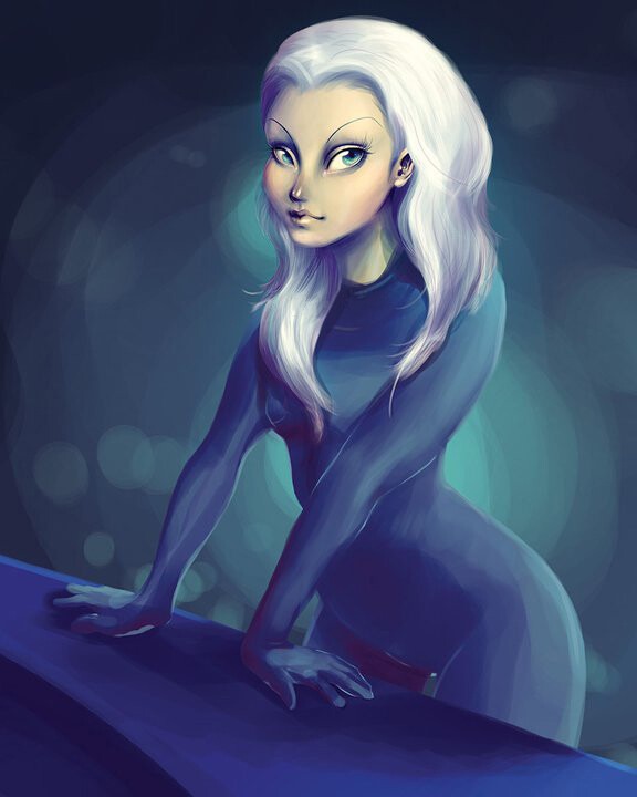 Digital painting of a woman with flowing white hair wearing a dark bodysuit and surrounded by glowing blue orbs.