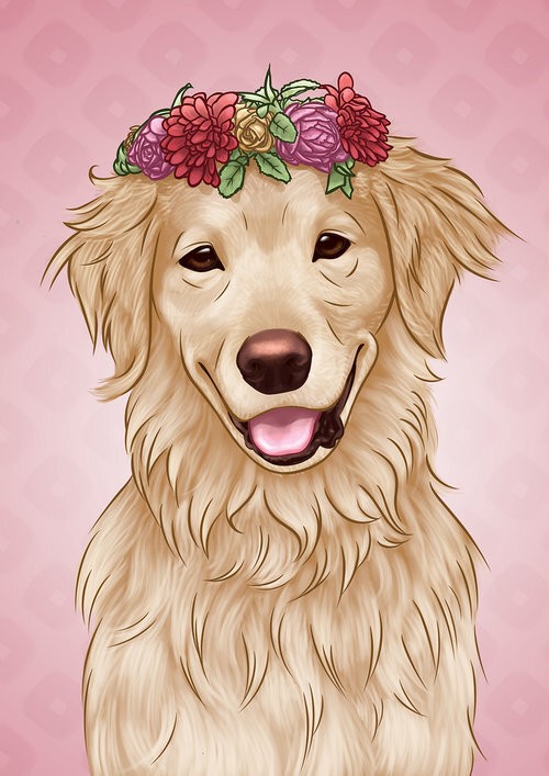 Digital portrait of a Golden retriever smiling at the viewer. She is wearing a flower crown.