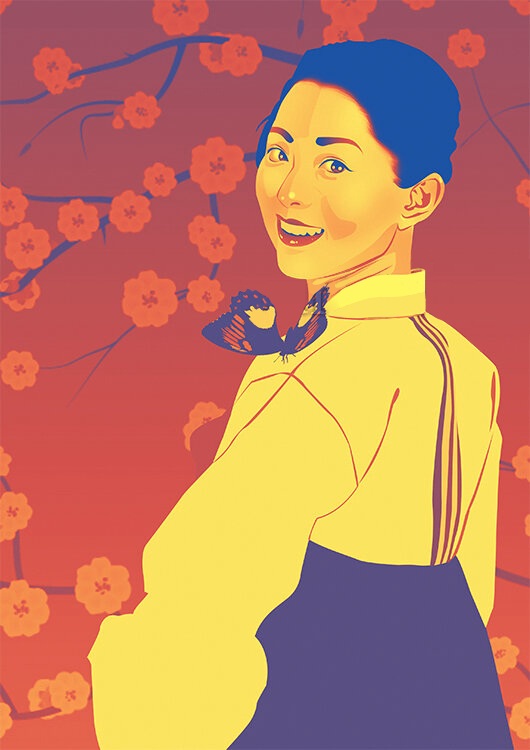 Digital vector portrait of a Korean woman wearing a hanbok. Her body is facing away from the camera; she is smiling towards the viewer and has a butterfly perched on her shoulder.