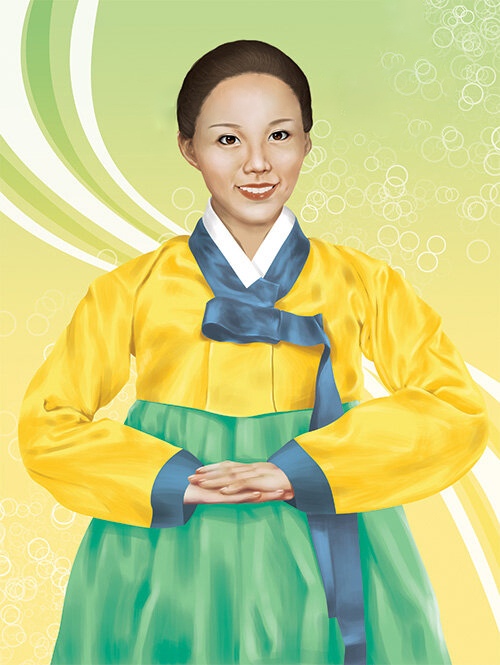 Digital painting of a Korean woman wearing a hanbok. She is facing the camera directly and has her arms posed as if she is about to bow.