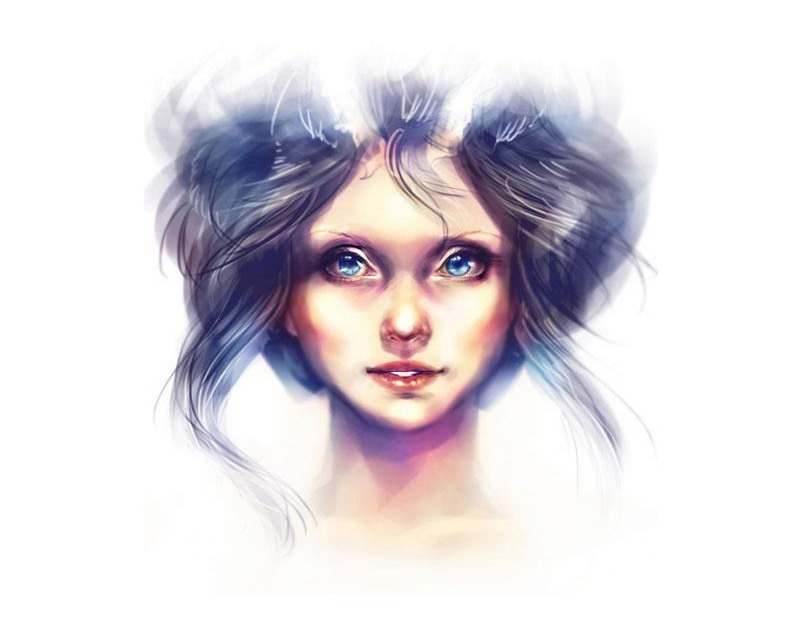 Digital portrait of an ethereal elf with an elaborate updo and glowing horns.