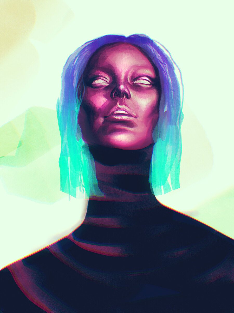 Digital portrait of a woman with glowing white eyes and fluorescent purple-blue hair, looking up hopefully into the distance beyond the viewer's gaze.