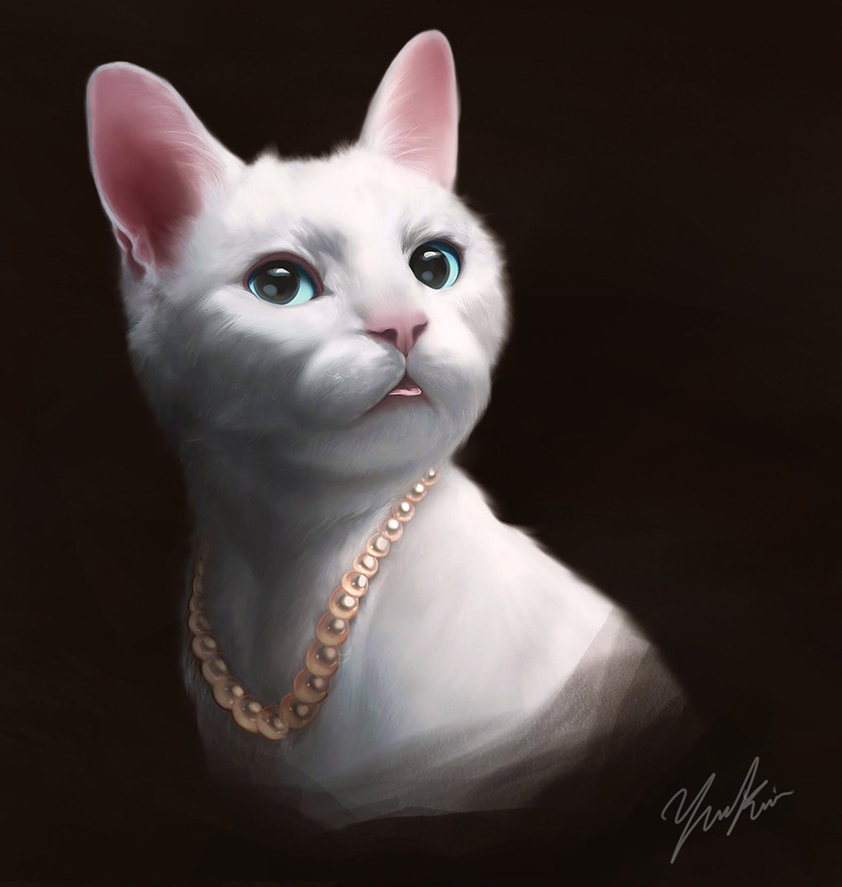 Digital painting of a white cat. She has a pearl necklace around her neck and has her tongue slightly poking out of her mouth.