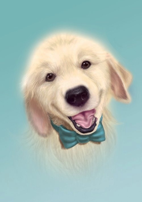 Digital painting of a Golden retriever puppy smiling at the camera. He has a floppy green bow tie around his neck.