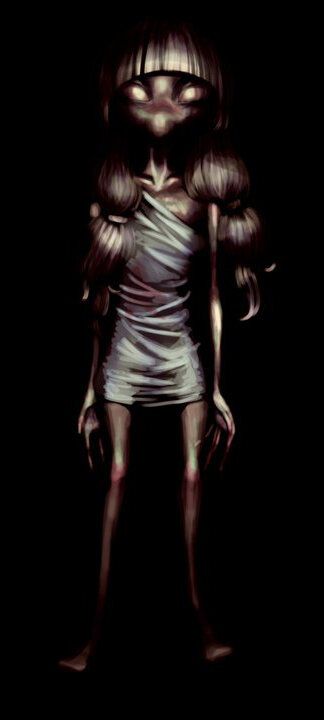 Digital painting of a ghostly emaciated humanoid figure with the eerie white eyes of a dead fish, injuries all over her body, and blood on her toga-like dress.