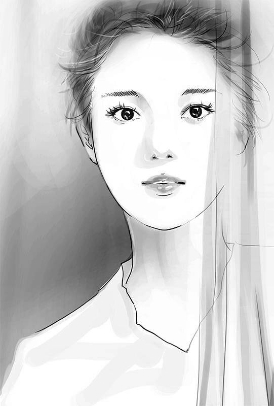Digital drawing of Korean actress Song Hye-Kyo looking curiously at the viewer from behind a translucent white veil.